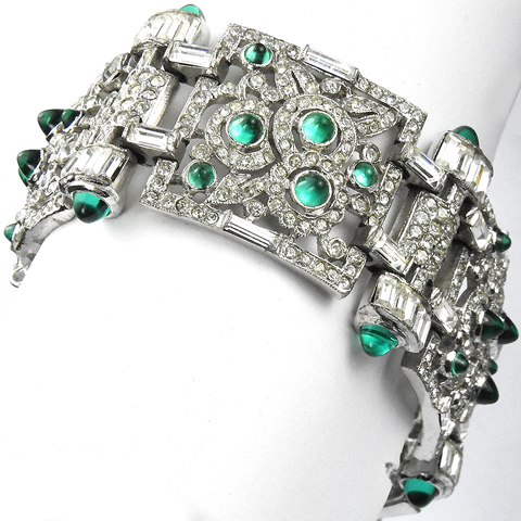 KTF Trifari 'Alfred Philippe' Deco Pave Emerald Cabochons and Diamante Baguettes Wide Flower Circles Pattern Link Bracelet