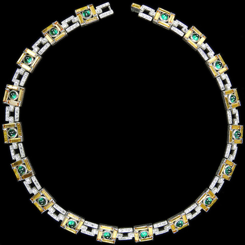Trifari Sterling  'Alfred Philippe' Pave Citrine Baguettes and Emerald Cabochons Interlinked Squares Choker Necklace