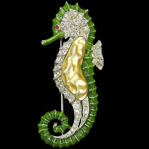 Trifari 'Alfred Philippe' Pave Enamel and Pearl Belly Seahorse Pin Clip