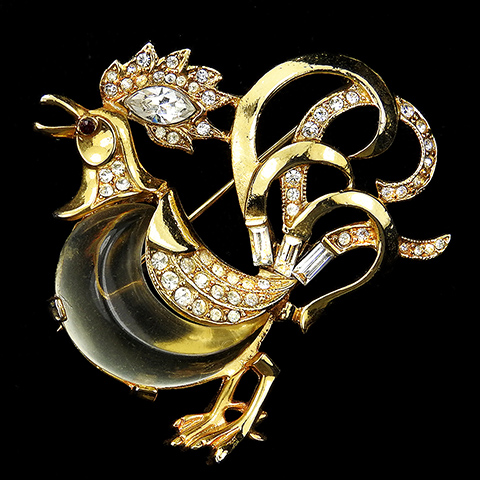 Trifari 'Alfred Philippe' 'Fairyland' Gold Pave and Baguettes Jelly Belly Rooster Bird Pin