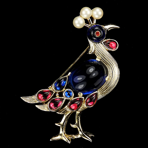 Trifari 'Alfred Philippe' Ruby Sapphire and Pearls 1956 Production Moghul Peacock Bird Pin