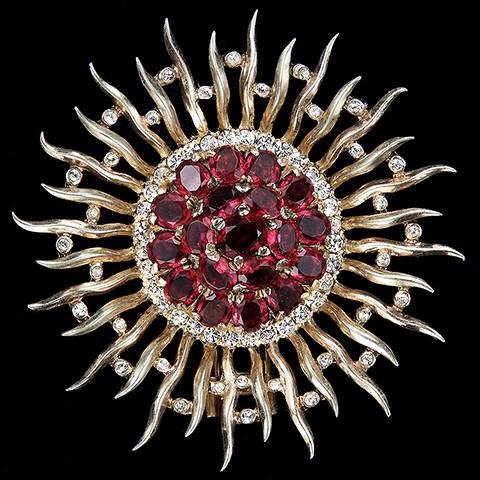 Trifari Sterling 'Alfred Philippe' Large Gold Pave and Ruby Sunburst Pin Clip
