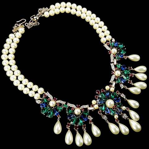 Trifari 'Alfred Philippe' 'Maharajah' 1950s Jewels of India Pearls Rubies Sapphires and Emeralds Multiple Pendant Necklace