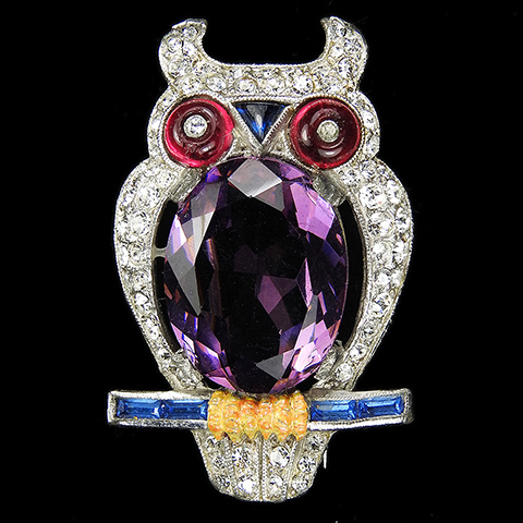 Trifari 'Alfred Philippe' Pave Sapphire and Ruby Faceted Amethyst Belly Owl Bird Pin Clip