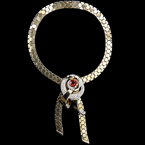 Trifari 'Alfred Philippe' Golden 'Honeycomb' Tesselated Cravat Necklace and Gold Pave and Ruby Retro Deco Swirl with Bows Pin Clip Set