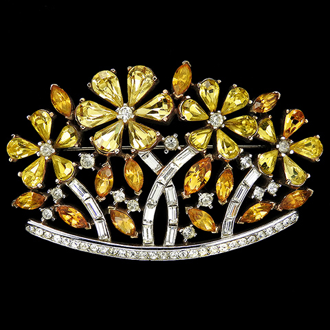 Trifari 'Alfred Philippe' Citrine and Topaz Teardrops and Diamante Baguettes Four Flowers Floral Scene Pin