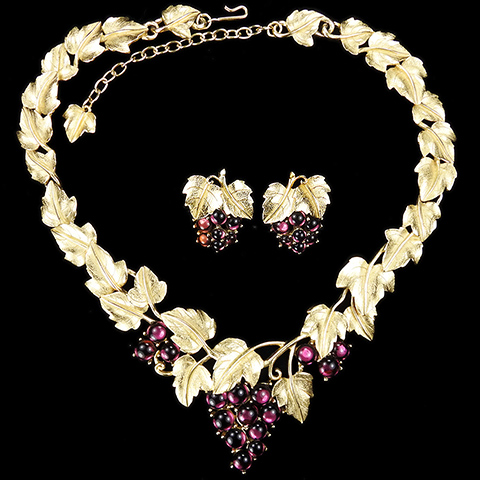 Trifari 'Kunio Matsumoto' Gold Leaves and Amethyst Cabochon Grapes on Vine Necklace and Clip Earrings Set