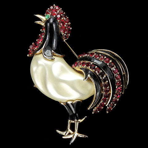 Trifari 'Alfred Philippe' Gold Black Enamel Ruby and Pearl Belly 1965 Retro Collection Chanticleer Rooster Pin
