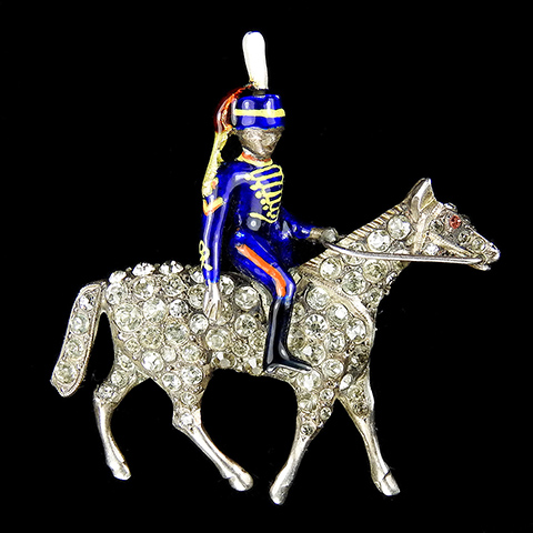 Victorian Silver Paste and Enamel Bombardier of the Royal Horse Artillery Soldier in Dress Uniform Riding a Horse Pin