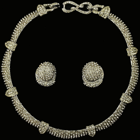 Boucher Silver and Pave Arched Segments Necklace and Clip Earrings Set