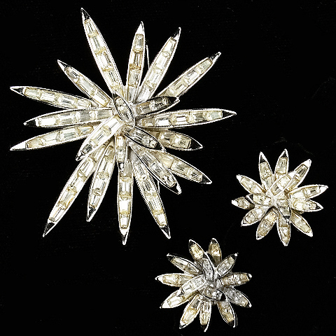 Boucher Diamante Baguettes Starburst Pin and Clip Earrings Set