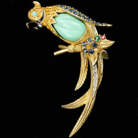 Boucher Gold Turquoise Belly and Sapphire Parrot on Branch with Flowers Bird Pin