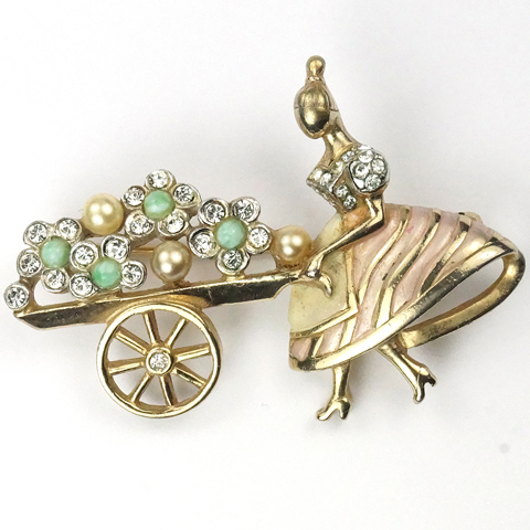 Boucher Metallic Enamel, Pearls and Jade Lady Pushing a Flower Cart Pin