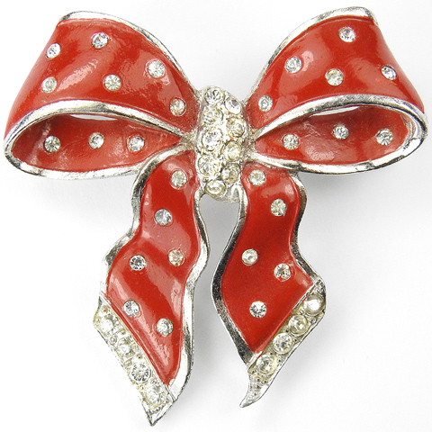 MB Boucher Pave and Red Red Enamel Spangled Bow Pin