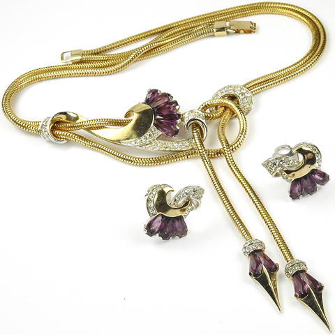 Boucher 'Jewels of Fantasy' Gold Pave and Kite Shaped Amethysts Swirls and Double Pendants Necklace and Clip Earrings Set