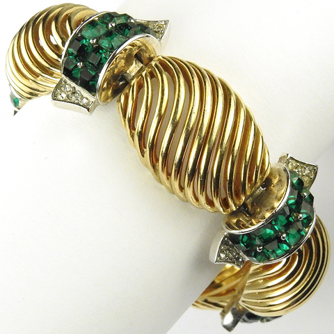 MB Boucher Gold Lattice Swirls Pave and Invisibly Set Emeralds Link Bracelet