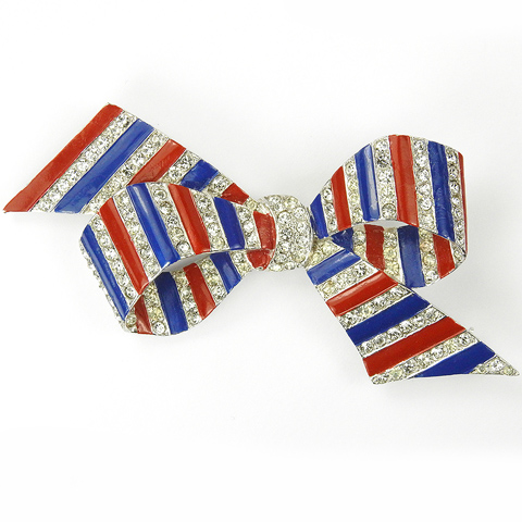 MB Boucher Metallic Enamel WW2 US Patriotic Red White and Blue Bow Pin