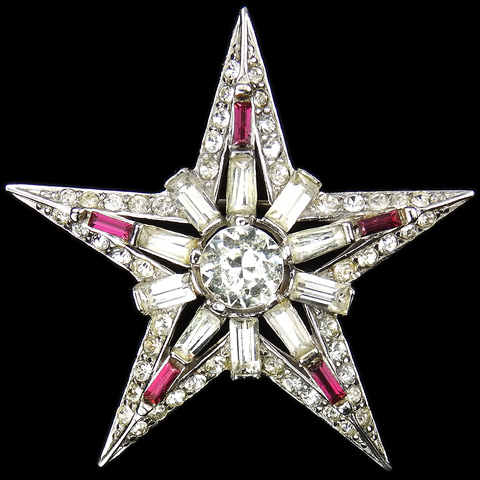 Boucher Pave Diamante and Ruby Baguettes Five Pointed Star Pin