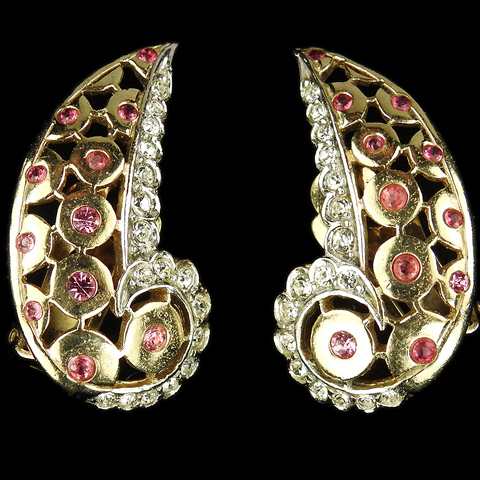 MB Boucher Pave Rubies and Openwork Gold Circles Swirl Clip Earrings