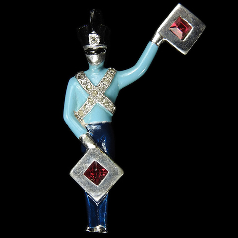 MB Boucher Pave and Enamel Miniature Soldier with Flags Signalling the Semaphore Letter E Pin