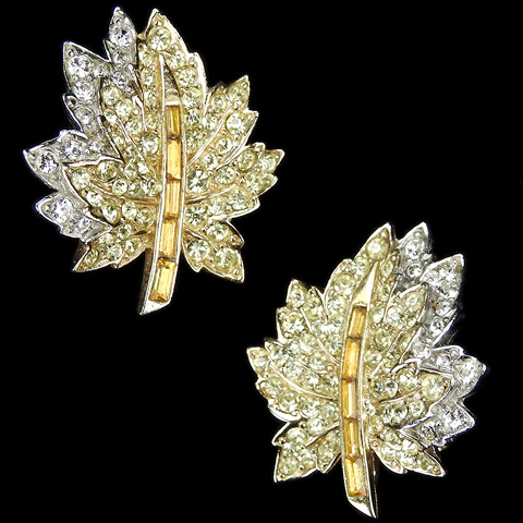 Boucher Citrine and Diamante Pave Double Maple Leaf Clip Earrings