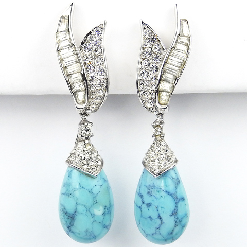 Boucher Pave and Baguette Leaves and Pendant Marbled Turquoise Drop Clip Earrings