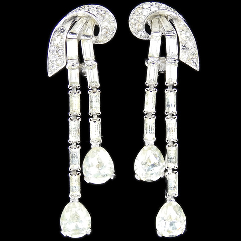 Boucher 'La Scala' Pave Baguette and Double Diamante Teadrop Pendant Clip Earrings
