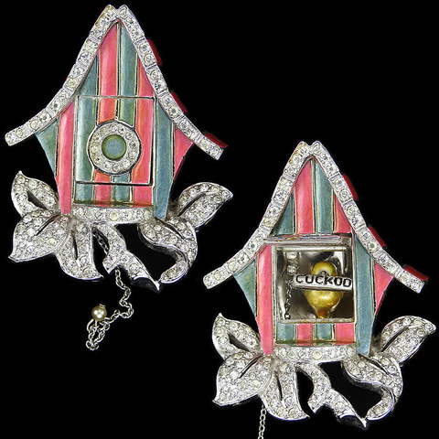 MB Boucher Pave and Metallic Enamel Moveable Trembler Cuckoo Clock Pin Clip
