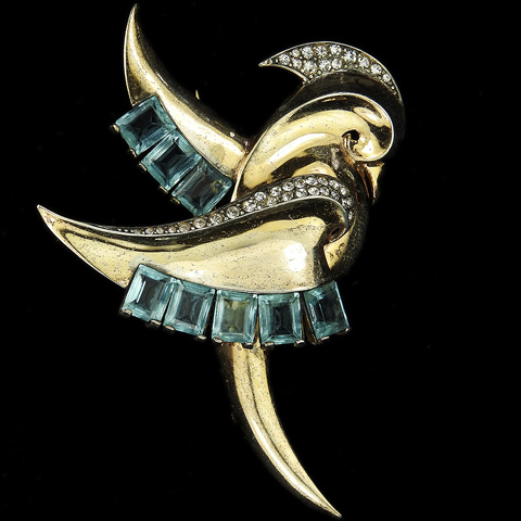 MB Boucher Sterling Gold Pave and Square Cut Aquamarines Bird Pin