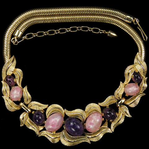 Boucher Golden Leaf Swirls, Amethyst and Pink Quartz Cabochons Necklace