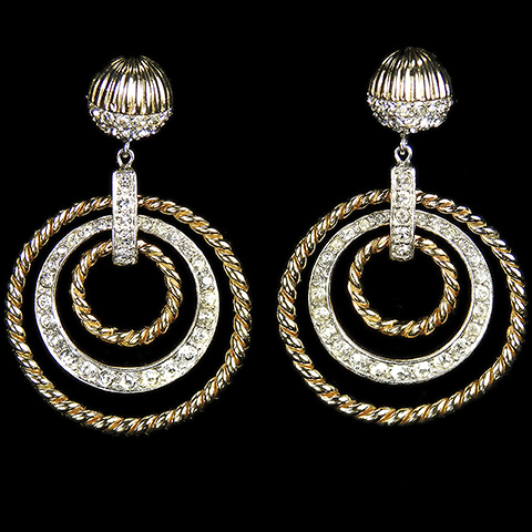 Boucher Gold Braids and Pave Hoops Trapeze Pendant Screwback Earrings