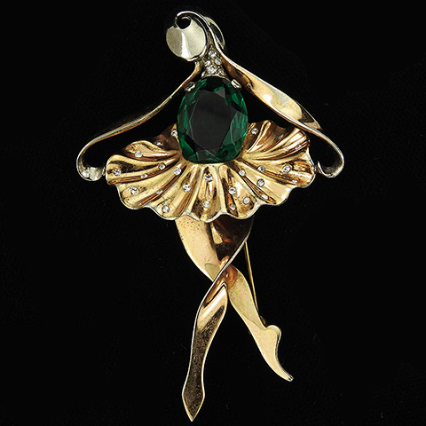 MB Sterling Gold and Emerald Ballerina in Spangled Tutu Ballet Dancer Pin