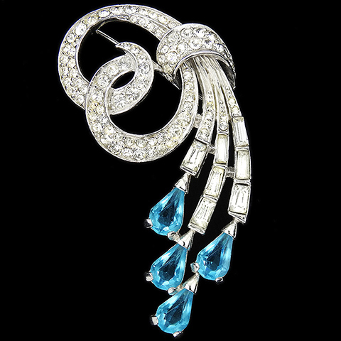 Boucher Pave and Baguettes Bow Swirl with Teardrop Aquamarines Pin