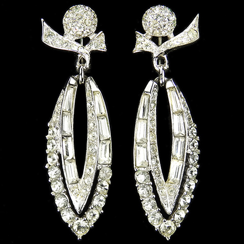 Boucher Pave and Baguettes Pointed Elipse Pendant Clip Earrings
