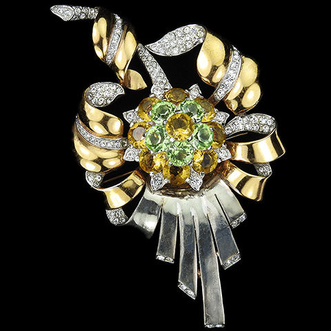 MB Boucher Gold Pave Citrines and Peridots Giant Bow Swirl Flower and Leaves Floral Spray Pin