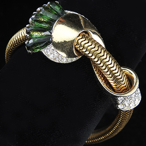 Boucher Gold Gaspipe Gold and Pave Swirls and Kite Shaped Olivene Bracelet
