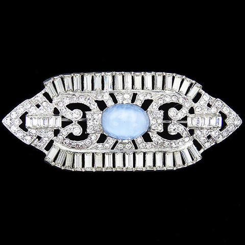 MB Boucher Pave Openwork Baguettes and Blue Moonstone Cabochon Deco Bar Pin