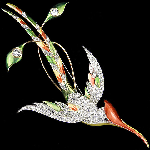 MB Boucher Pave and Metallic Enamel Bird Male Marvellous Spatuletail Hummingbird Pin