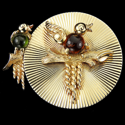 Boucher Gold and Cabochons Circular Sunburst with Two Love Birds of Paradise on Branches Pin