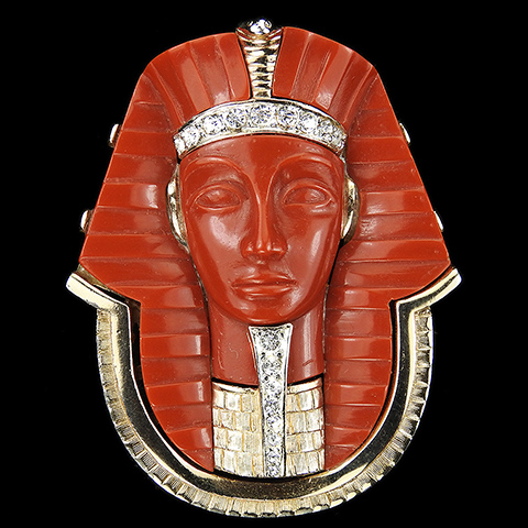 Boucher Gold Pave and Carnelian Egyptian Pharaoh Tutankhamun Face Mask Pin or Pendant