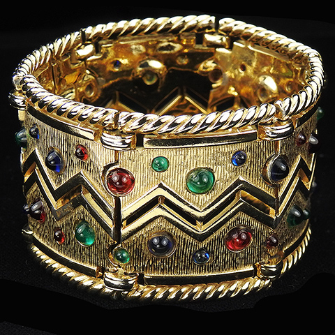 Boucher Serrated Gold Openwork and Multicoloured Cabochons Wide Articulated Bangle Bracelet 
