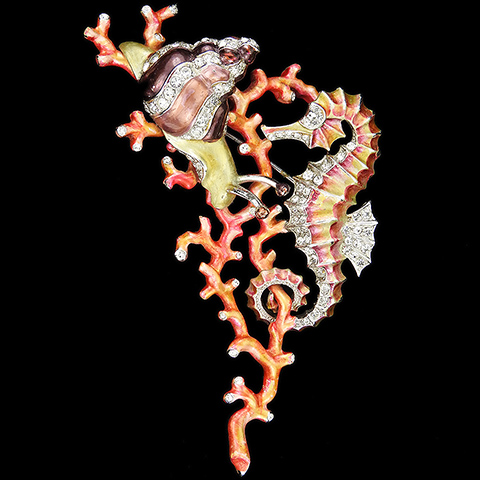 MB Boucher Pave and Metallic Enamel Seahorse and Sea Snail on an Undersea Coral Branch Scene Pin