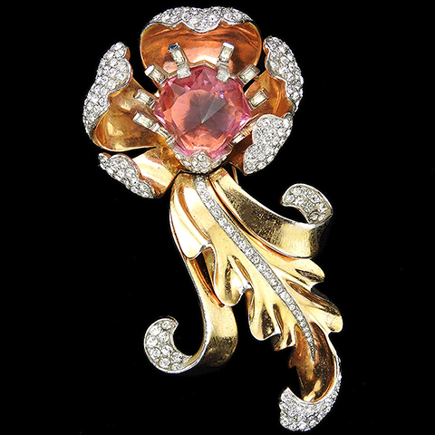 MB Boucher 'Jewels of Fantasy' Gold Pave and Pink Topaz Giant Peony Flower with Swirling Leaves Pin Clip