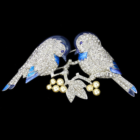 MB Boucher Pave and Metallic Enamel Chickadee Lovebirds on a Branch with Pearl Berries Bird Pin