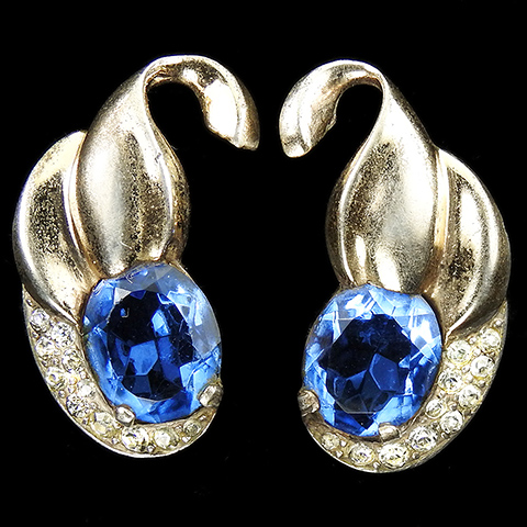 MB Boucher Sterling Gold and Pave Leaf Swirls and Sapphire Buds Screwback Earrings
