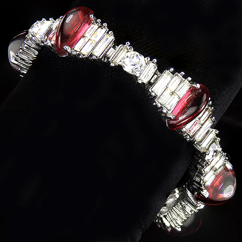 Boucher Diamante Baguettes and Vertically Set Ruby Demilune Cabochons Bracelet