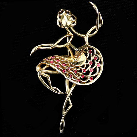 MB Boucher Gold Openwork and Ruby Spangles Pirouetting Stylized Ballerina Ballet Dancer Pin