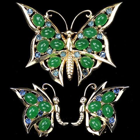 Boucher Gold Sapphire Spangles and Emerald Cabochons Butterfly Pin and Clip Earrings Set