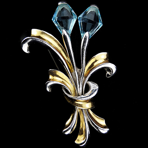 MB Boucher Gold and Silver Bows with Double Conical Faceted Aquamarines Floral Spray Pin