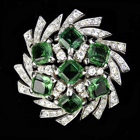 Boucher Pave and Square Cut Emeralds Floral Pinwheel Flower Pin